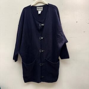 Vintage 80s I Magnin Navy Blue Long Cardigan Sweater Buckle Closure Bat Wing